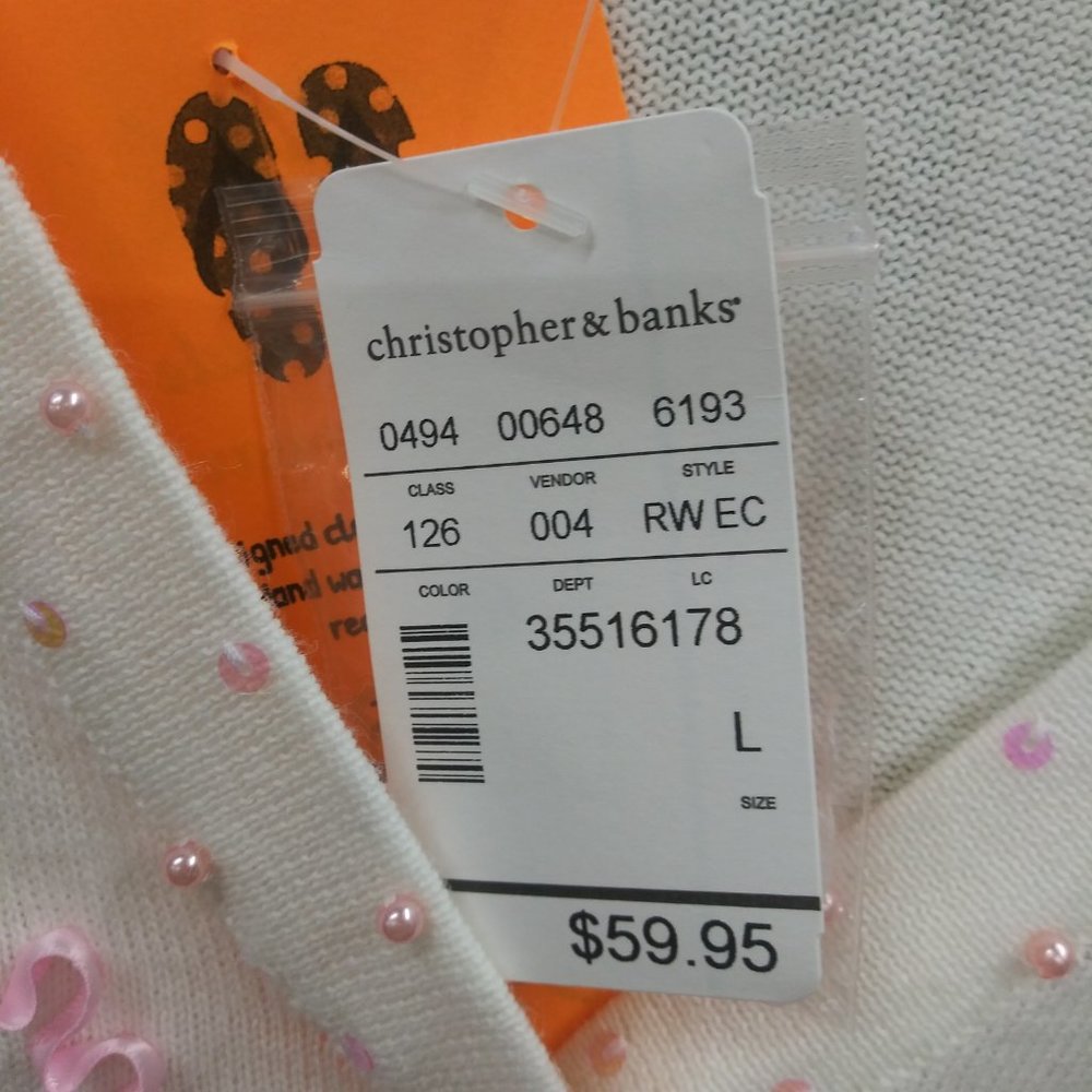 2300 Size Large Christopher Banks Embellished Pink and White Button Up Sweater - Picture 3 of 5